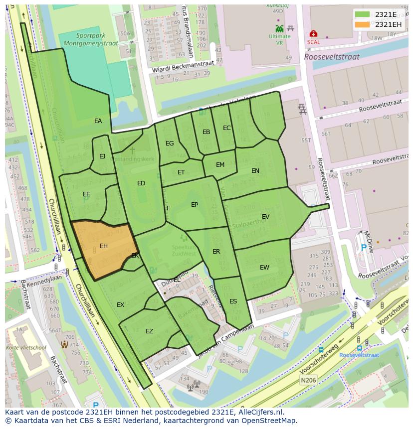 Afbeelding van het postcodegebied 2321 EH op de kaart.