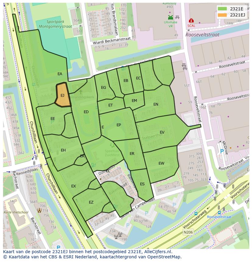 Afbeelding van het postcodegebied 2321 EJ op de kaart.