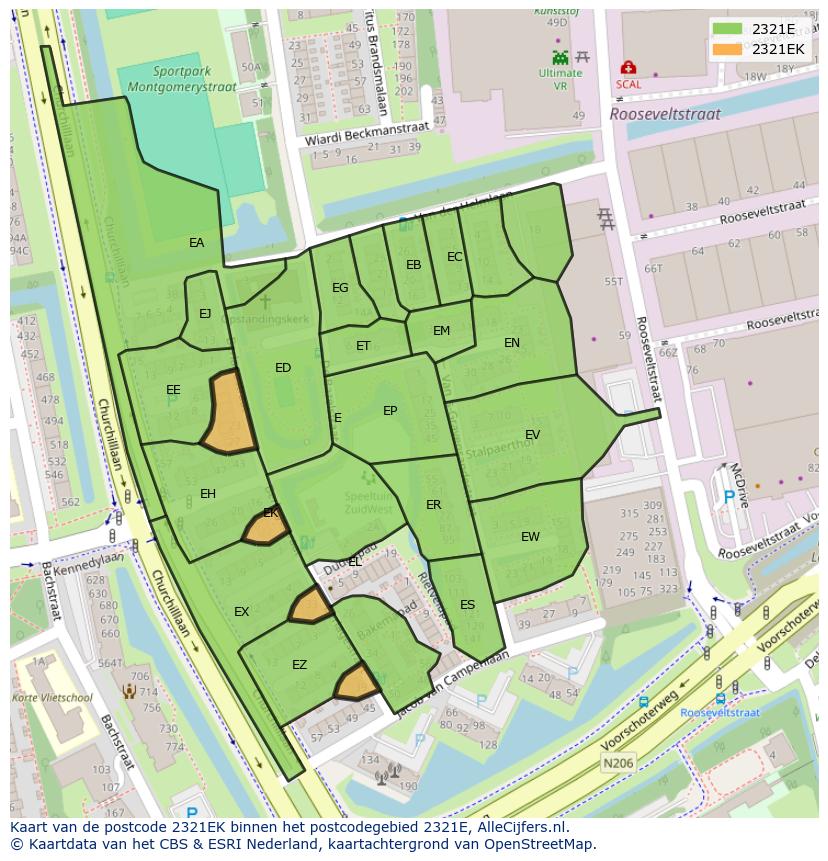 Afbeelding van het postcodegebied 2321 EK op de kaart.
