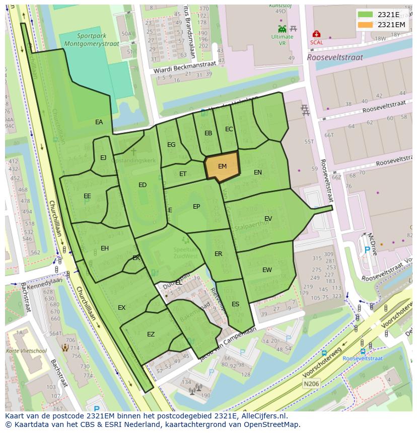 Afbeelding van het postcodegebied 2321 EM op de kaart.