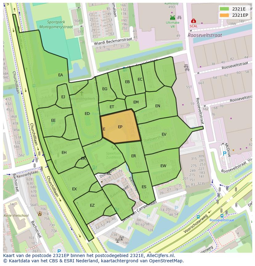 Afbeelding van het postcodegebied 2321 EP op de kaart.