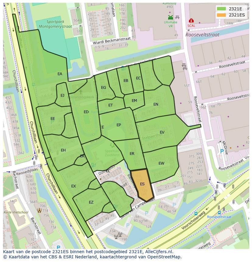Afbeelding van het postcodegebied 2321 ES op de kaart.