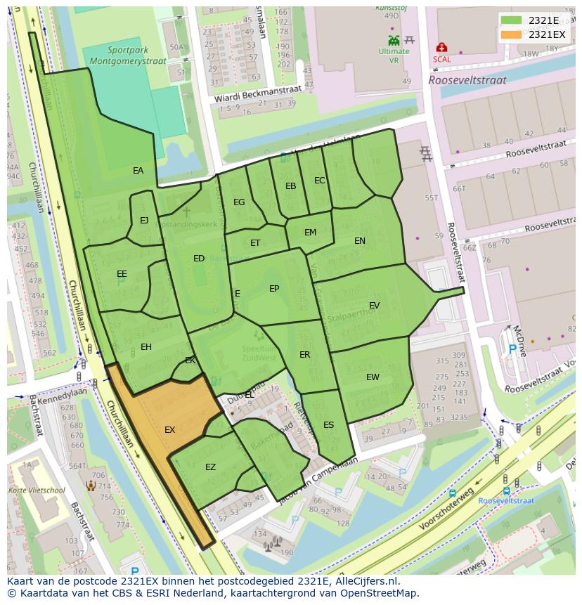 Afbeelding van het postcodegebied 2321 EX op de kaart.