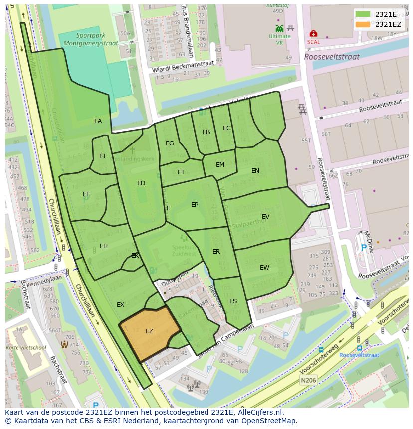 Afbeelding van het postcodegebied 2321 EZ op de kaart.