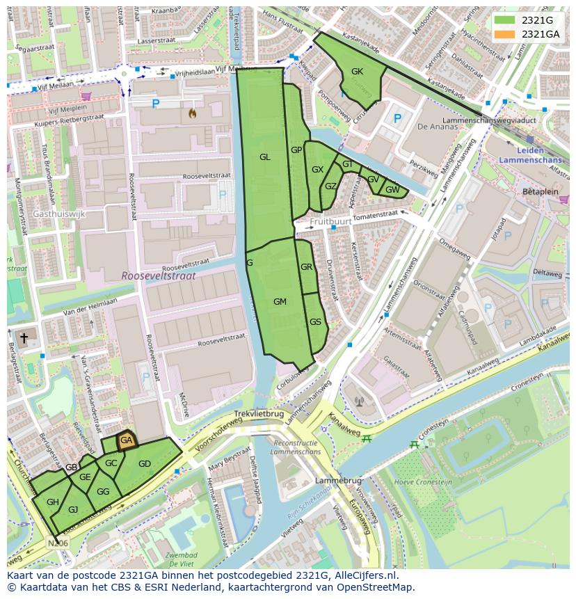 Afbeelding van het postcodegebied 2321 GA op de kaart.