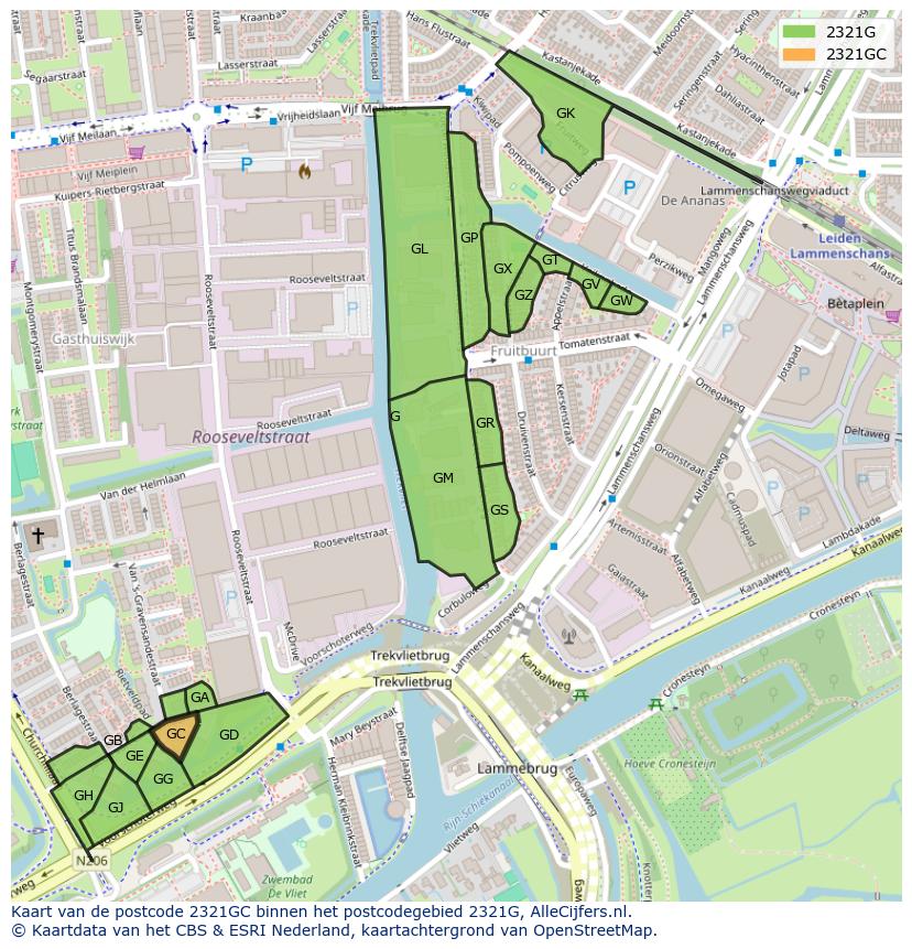 Afbeelding van het postcodegebied 2321 GC op de kaart.