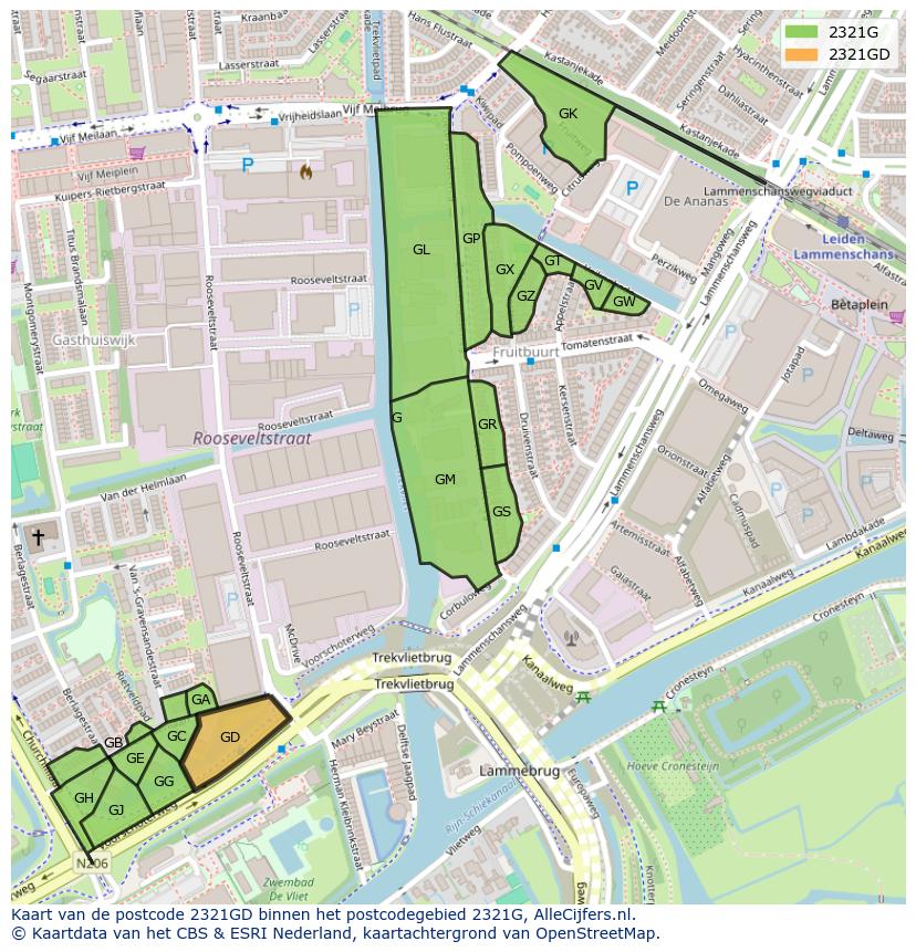 Afbeelding van het postcodegebied 2321 GD op de kaart.