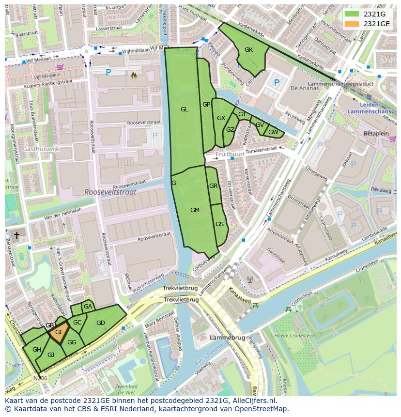 Afbeelding van het postcodegebied 2321 GE op de kaart.
