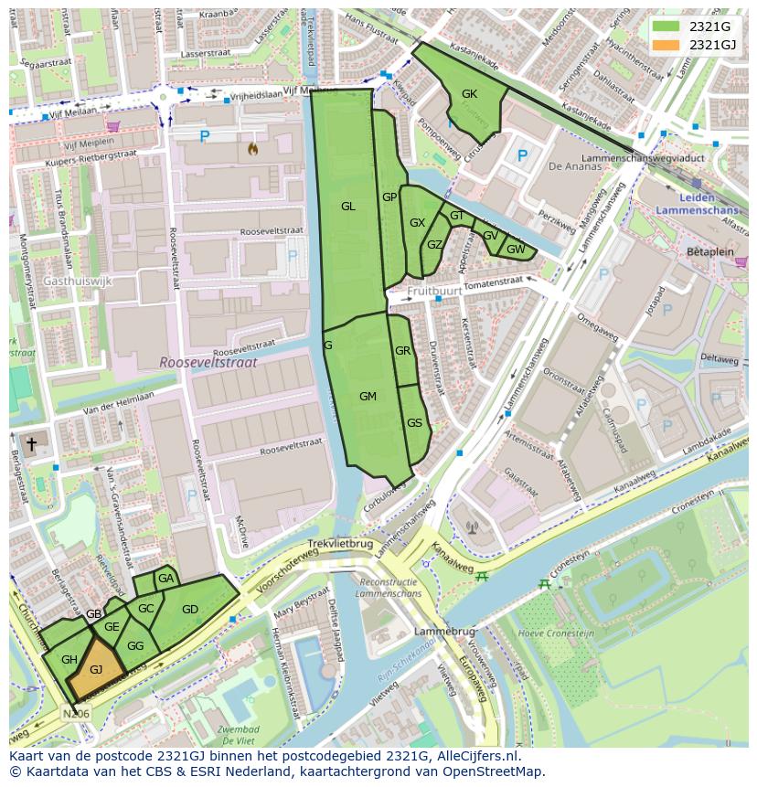 Afbeelding van het postcodegebied 2321 GJ op de kaart.
