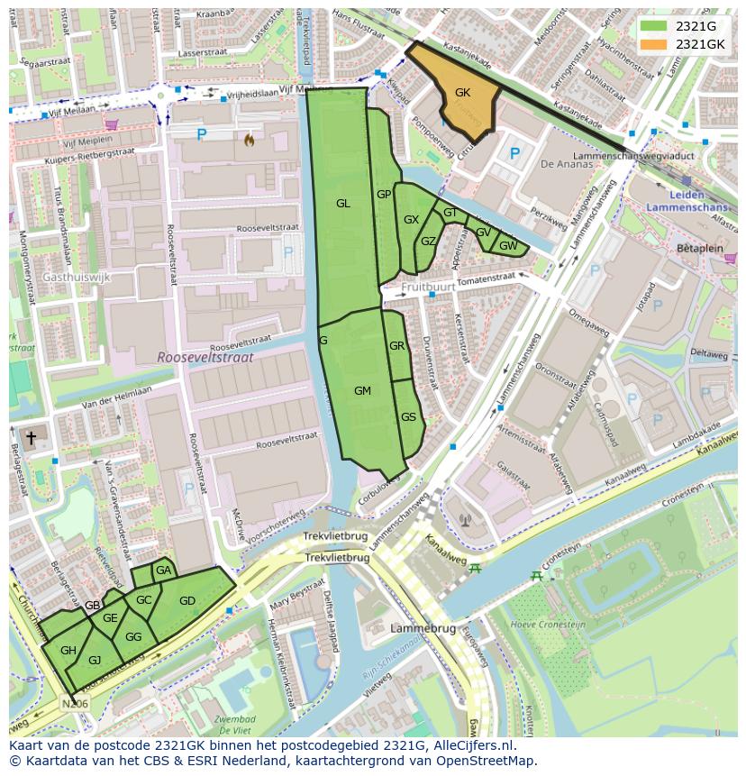 Afbeelding van het postcodegebied 2321 GK op de kaart.