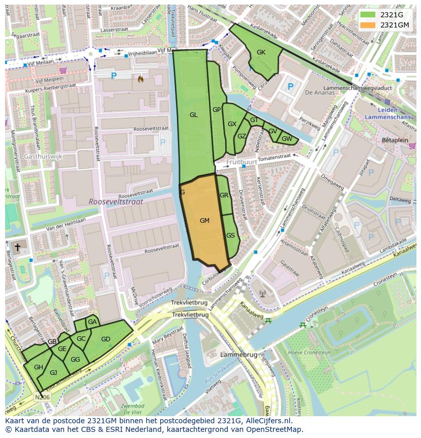 Afbeelding van het postcodegebied 2321 GM op de kaart.