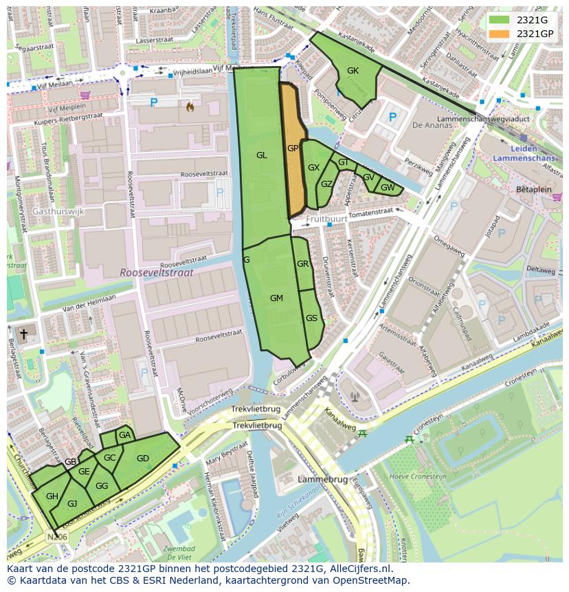 Afbeelding van het postcodegebied 2321 GP op de kaart.