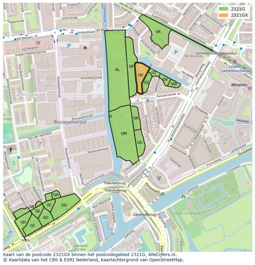 Afbeelding van het postcodegebied 2321 GX op de kaart.