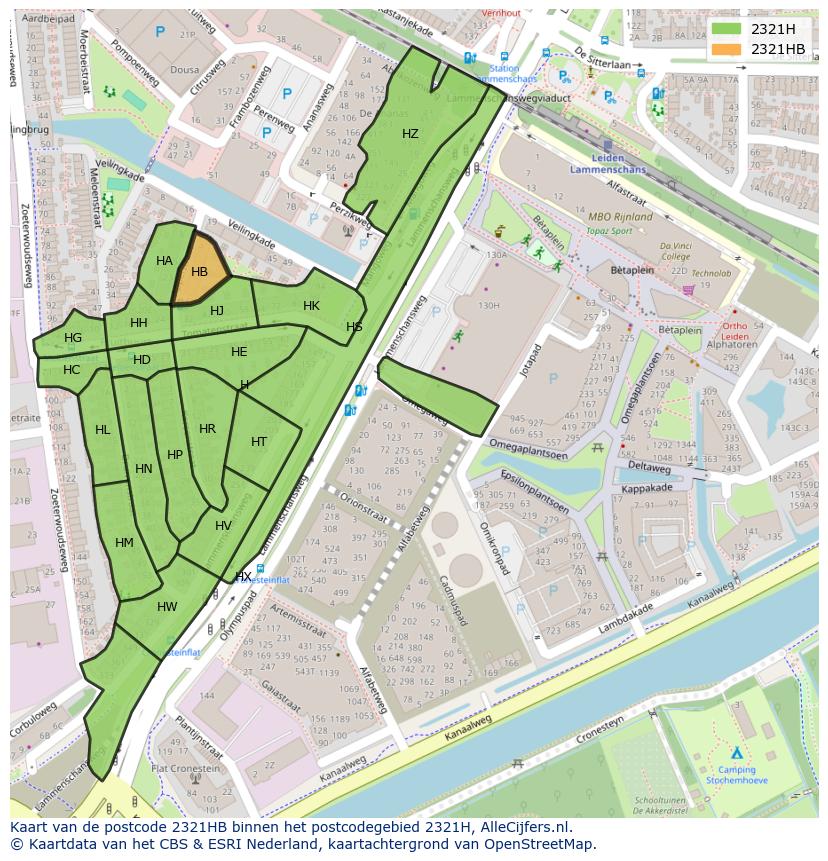 Afbeelding van het postcodegebied 2321 HB op de kaart.