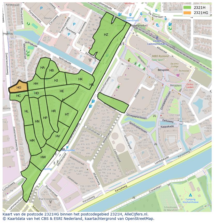 Afbeelding van het postcodegebied 2321 HG op de kaart.