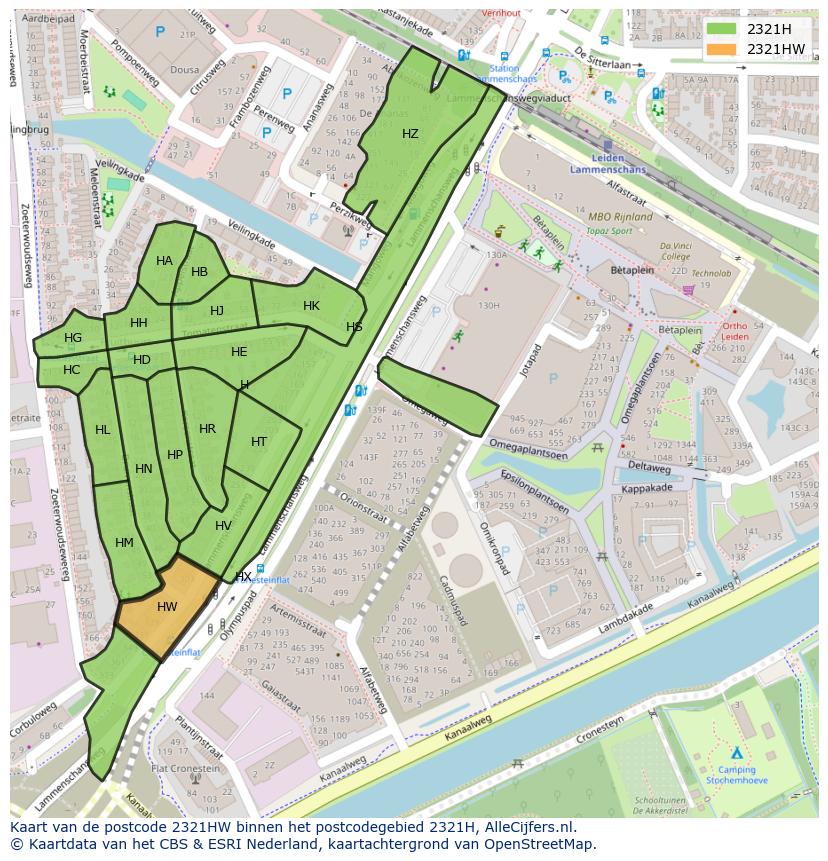 Afbeelding van het postcodegebied 2321 HW op de kaart.