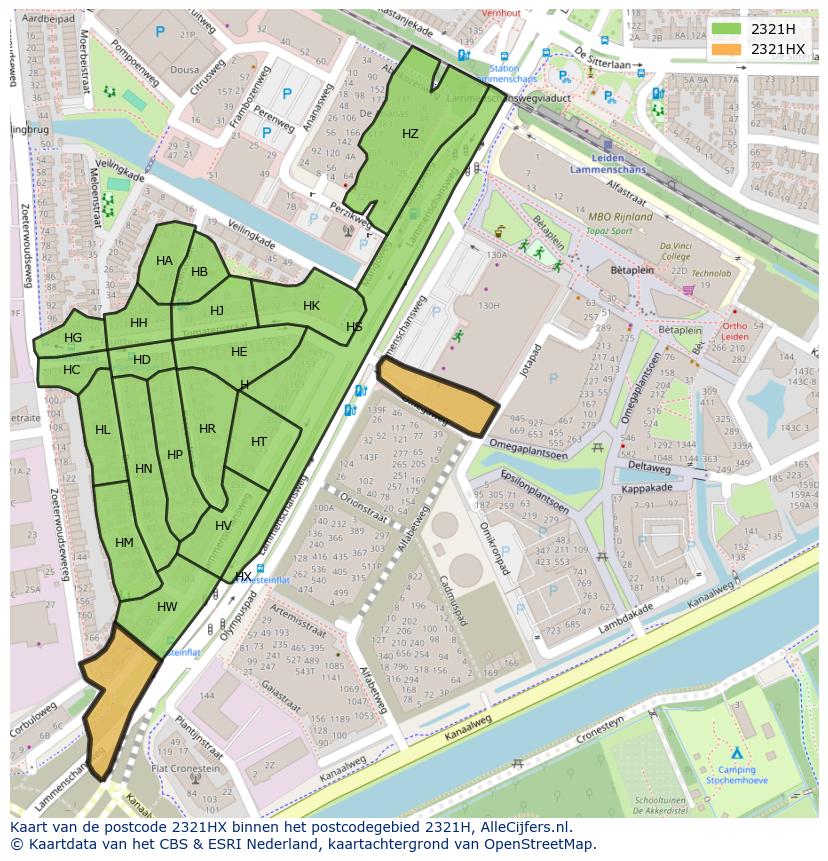 Afbeelding van het postcodegebied 2321 HX op de kaart.