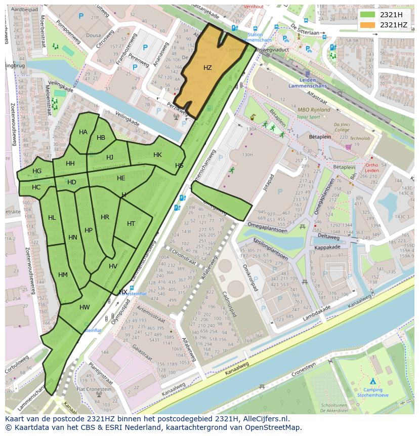 Afbeelding van het postcodegebied 2321 HZ op de kaart.