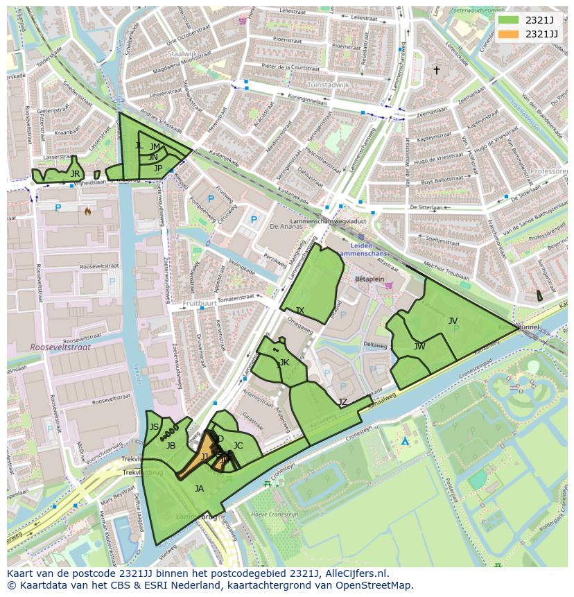 Afbeelding van het postcodegebied 2321 JJ op de kaart.