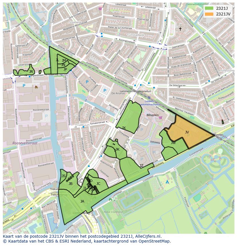 Afbeelding van het postcodegebied 2321 JV op de kaart.