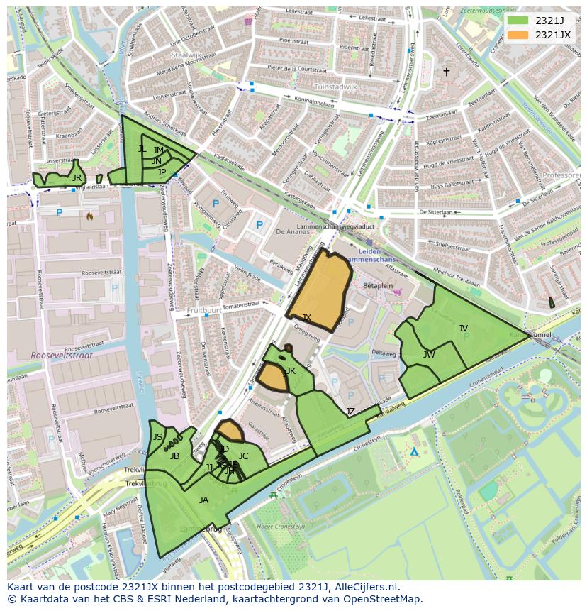 Afbeelding van het postcodegebied 2321 JX op de kaart.