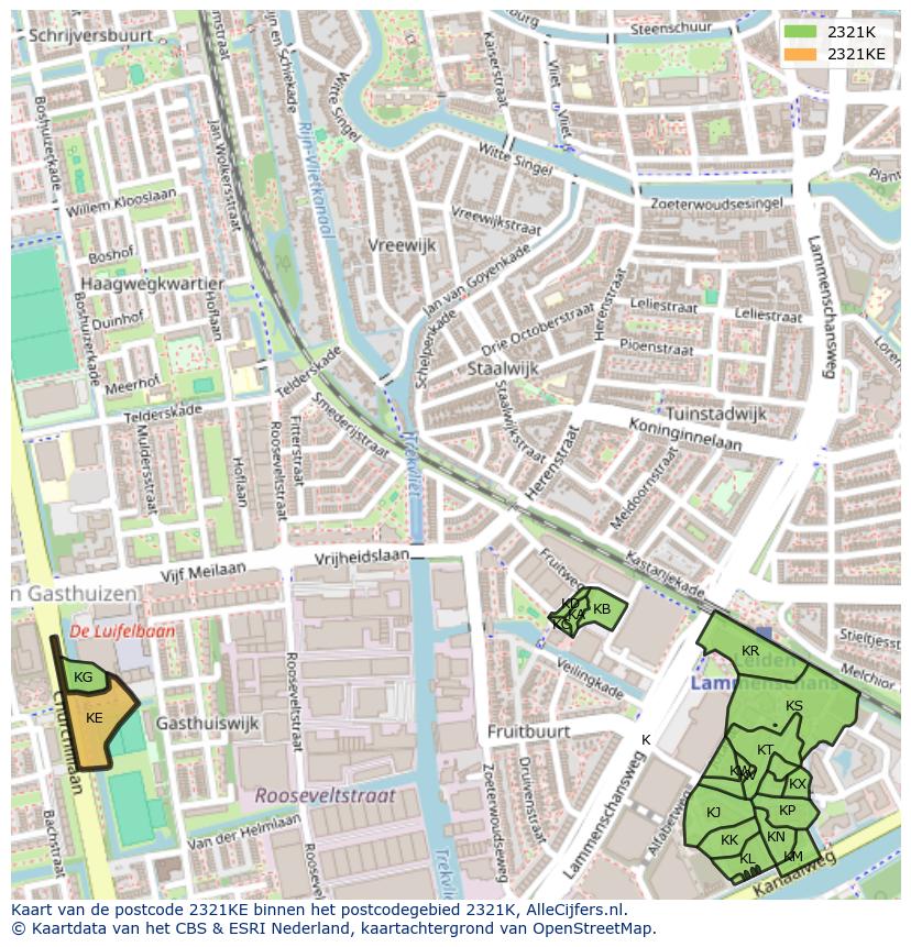 Afbeelding van het postcodegebied 2321 KE op de kaart.