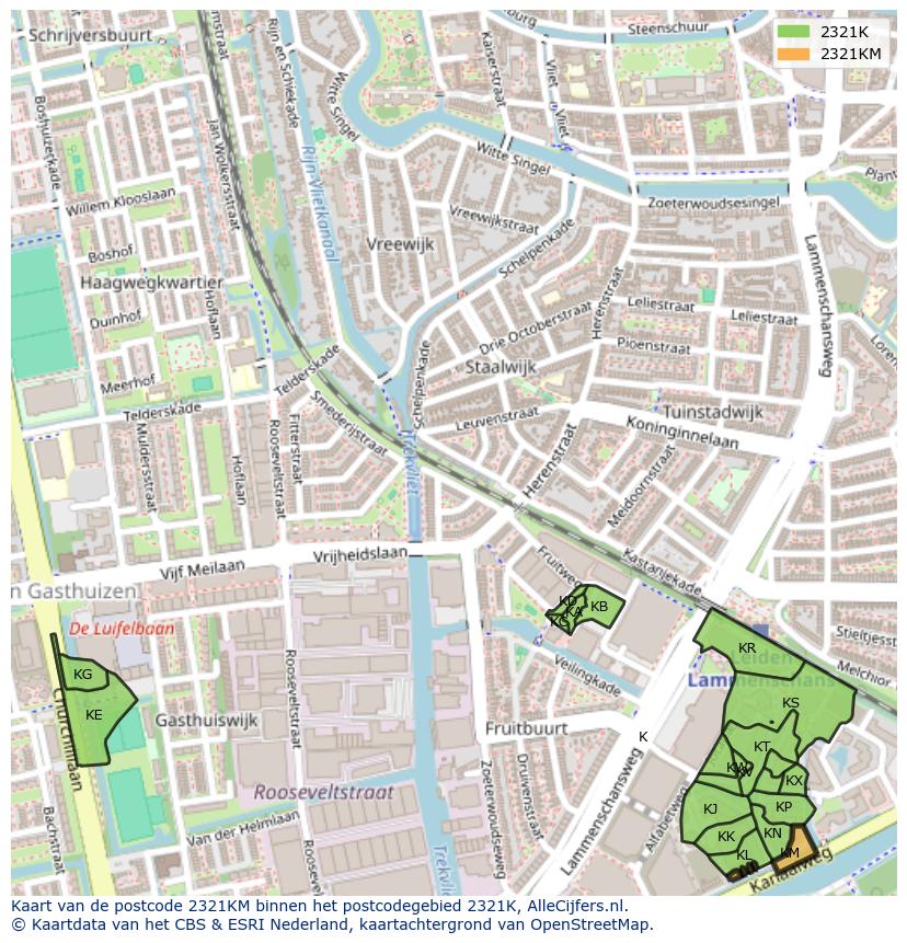 Afbeelding van het postcodegebied 2321 KM op de kaart.