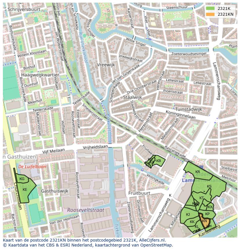 Afbeelding van het postcodegebied 2321 KN op de kaart.