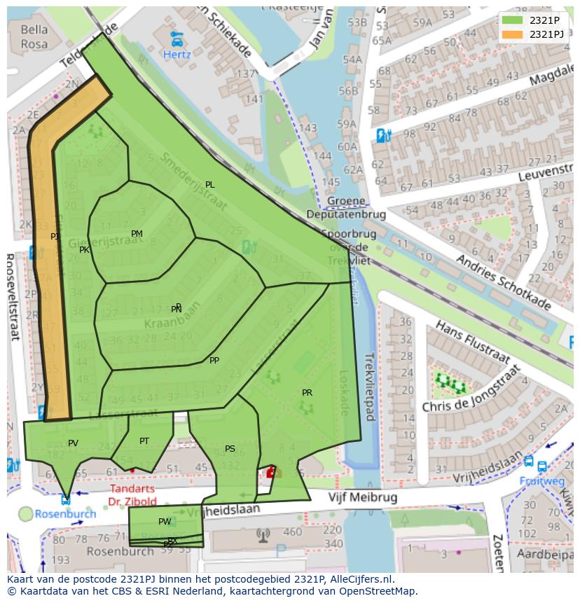 Afbeelding van het postcodegebied 2321 PJ op de kaart.