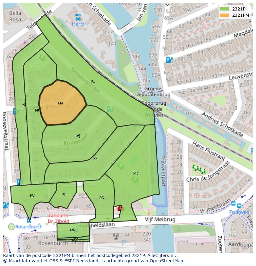Afbeelding van het postcodegebied 2321 PM op de kaart.