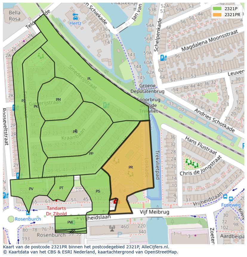 Afbeelding van het postcodegebied 2321 PR op de kaart.