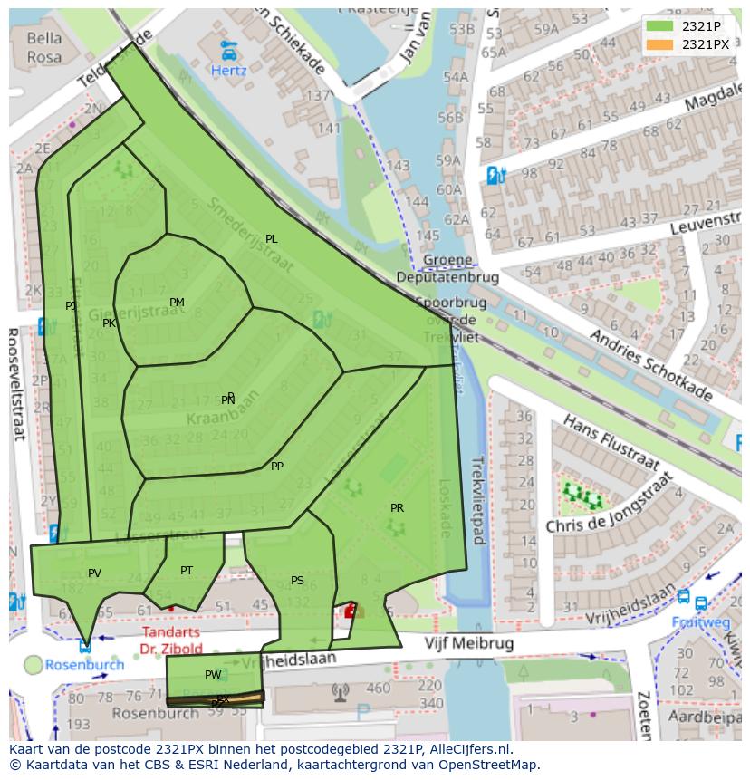 Afbeelding van het postcodegebied 2321 PX op de kaart.