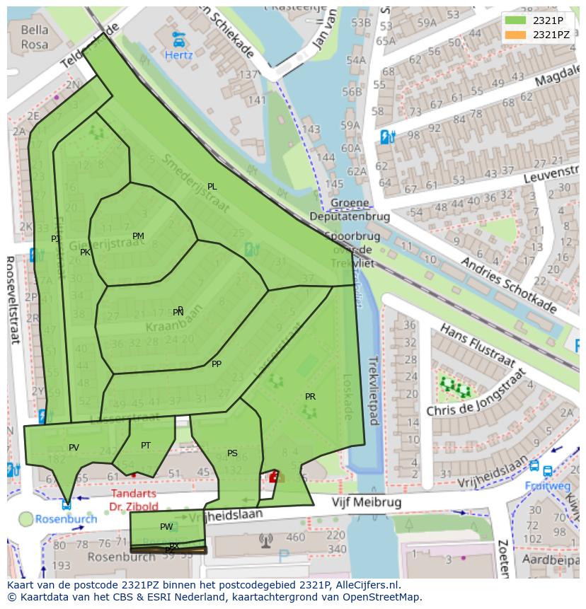 Afbeelding van het postcodegebied 2321 PZ op de kaart.