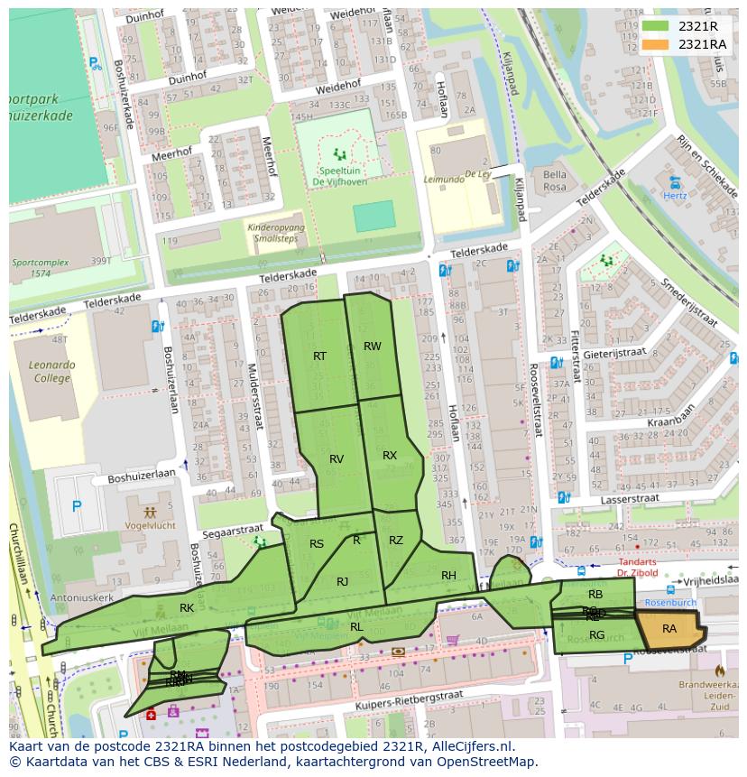 Afbeelding van het postcodegebied 2321 RA op de kaart.