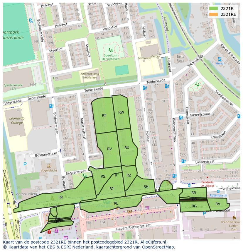 Afbeelding van het postcodegebied 2321 RE op de kaart.