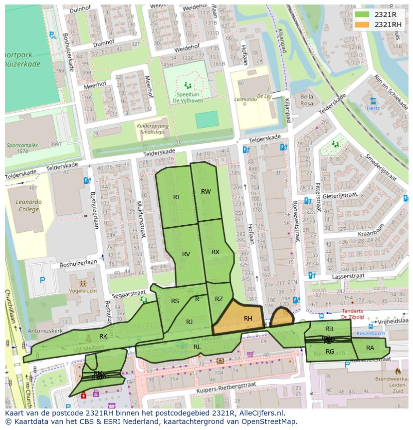 Afbeelding van het postcodegebied 2321 RH op de kaart.