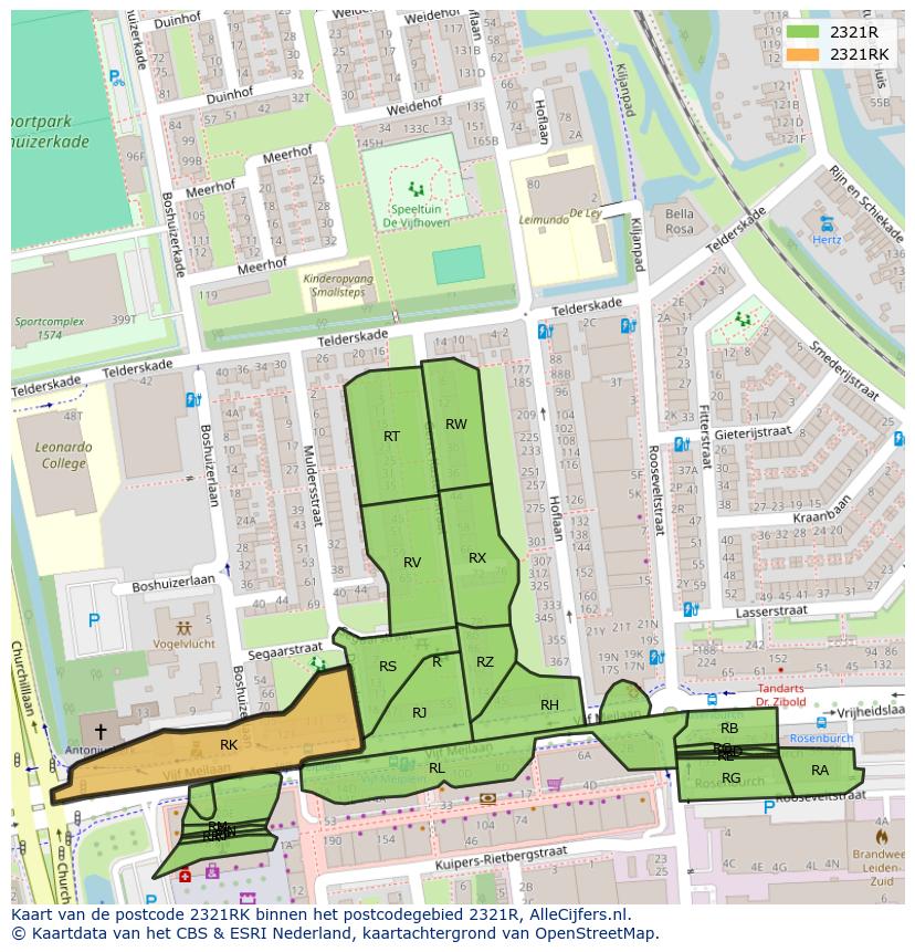 Afbeelding van het postcodegebied 2321 RK op de kaart.