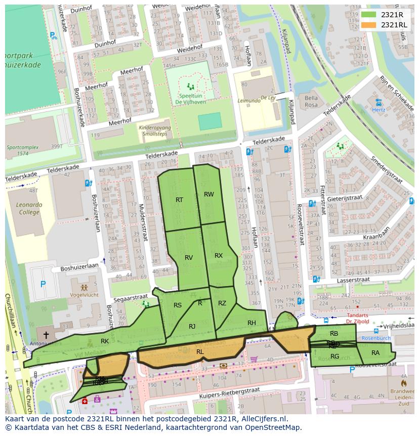 Afbeelding van het postcodegebied 2321 RL op de kaart.