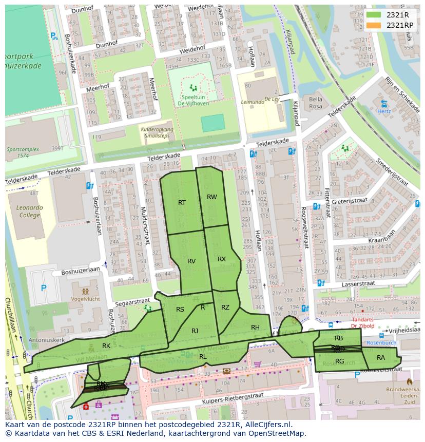 Afbeelding van het postcodegebied 2321 RP op de kaart.