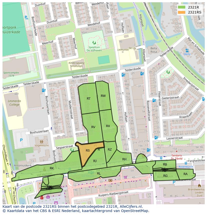 Afbeelding van het postcodegebied 2321 RS op de kaart.