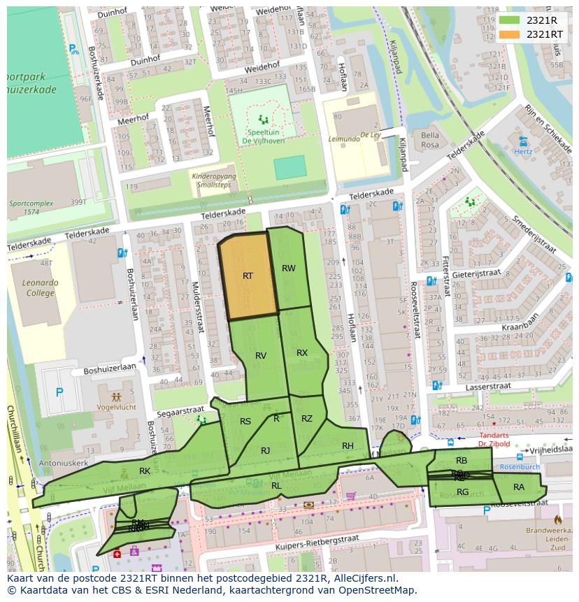Afbeelding van het postcodegebied 2321 RT op de kaart.