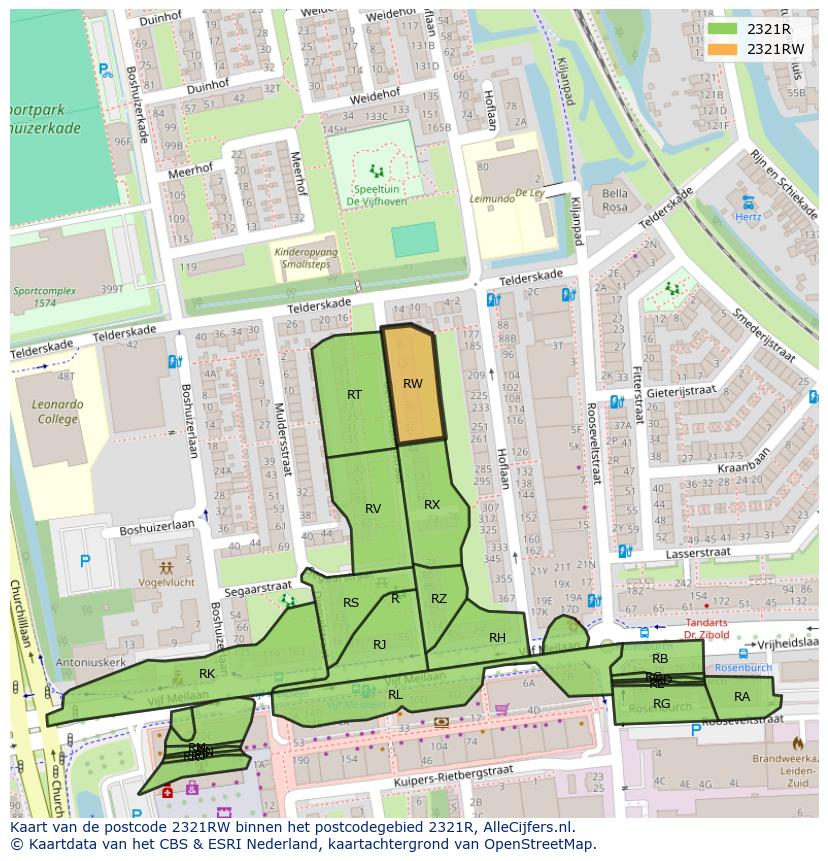 Afbeelding van het postcodegebied 2321 RW op de kaart.