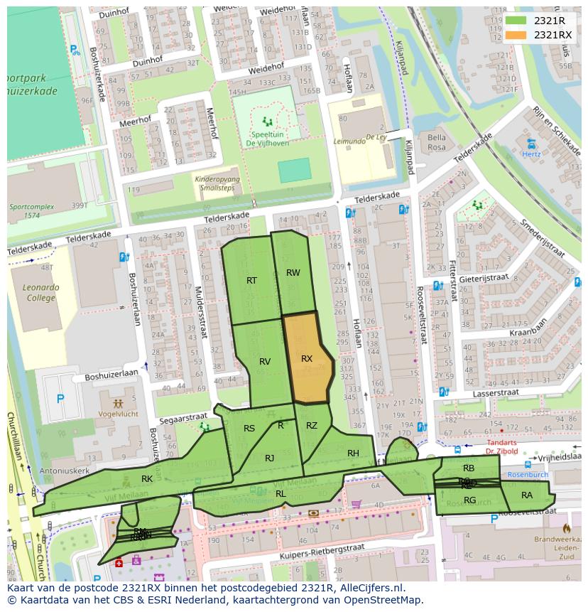 Afbeelding van het postcodegebied 2321 RX op de kaart.