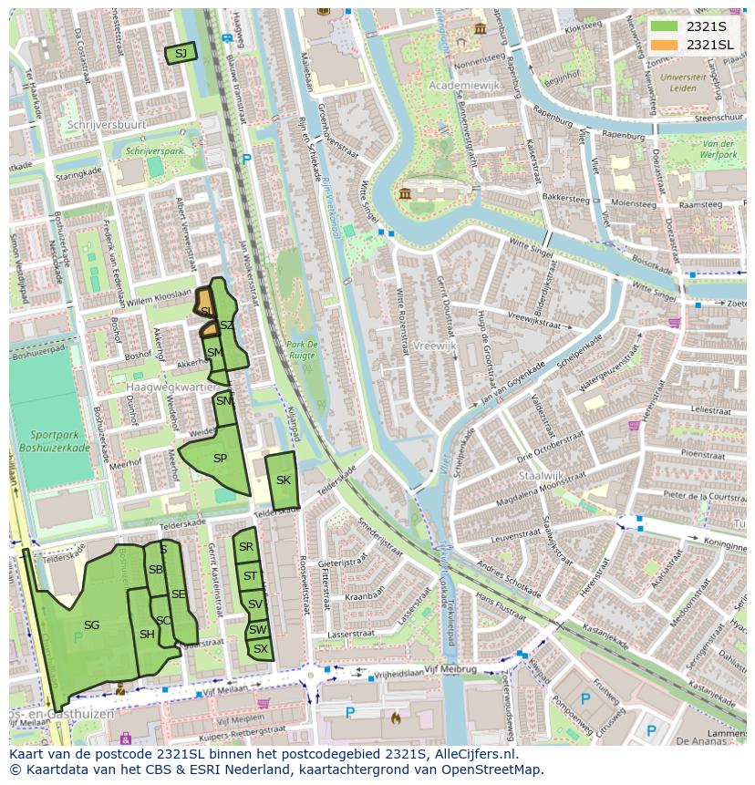 Afbeelding van het postcodegebied 2321 SL op de kaart.