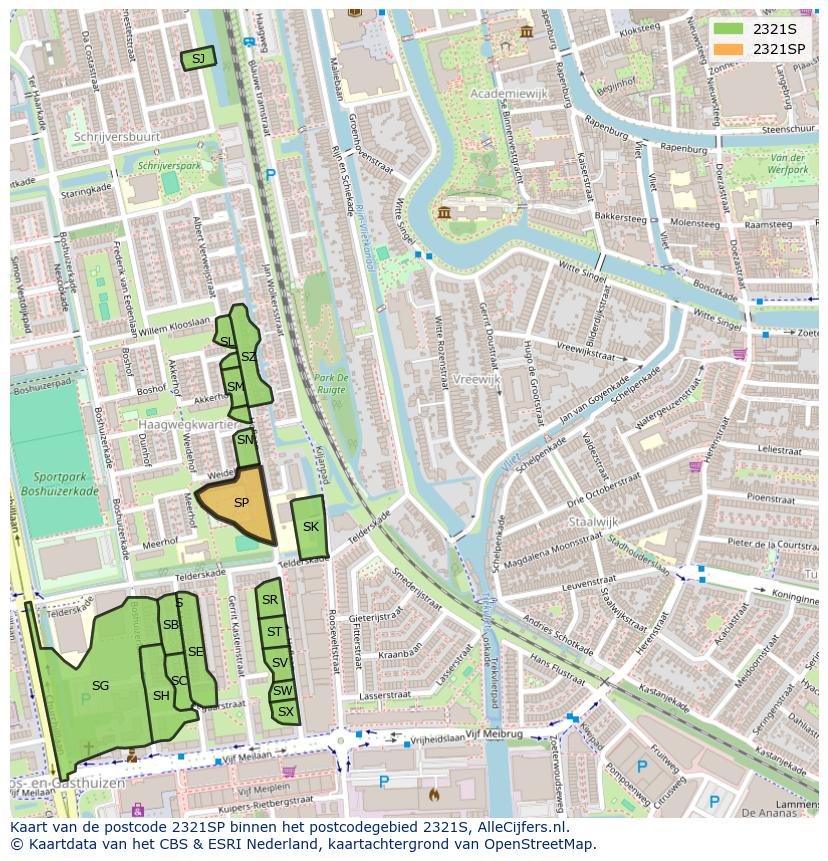 Afbeelding van het postcodegebied 2321 SP op de kaart.