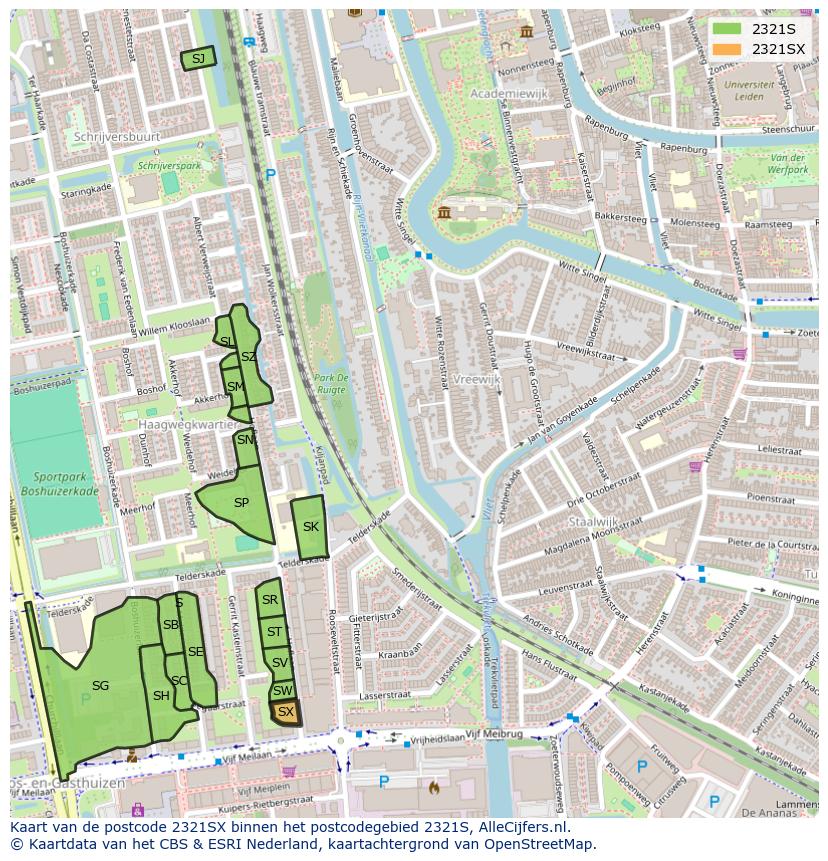Afbeelding van het postcodegebied 2321 SX op de kaart.