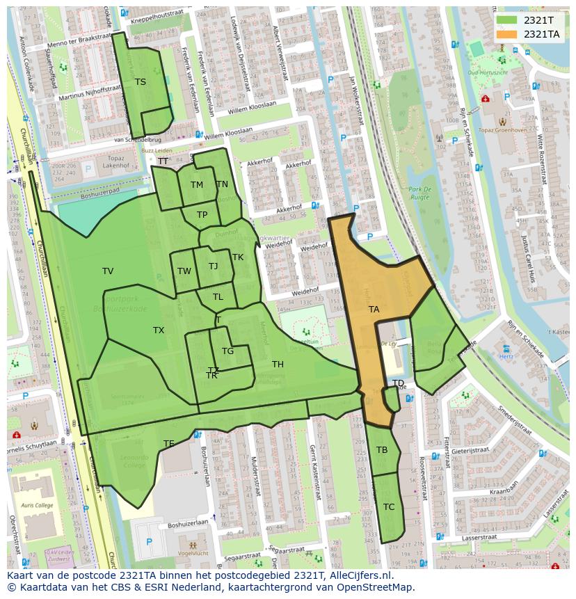 Afbeelding van het postcodegebied 2321 TA op de kaart.