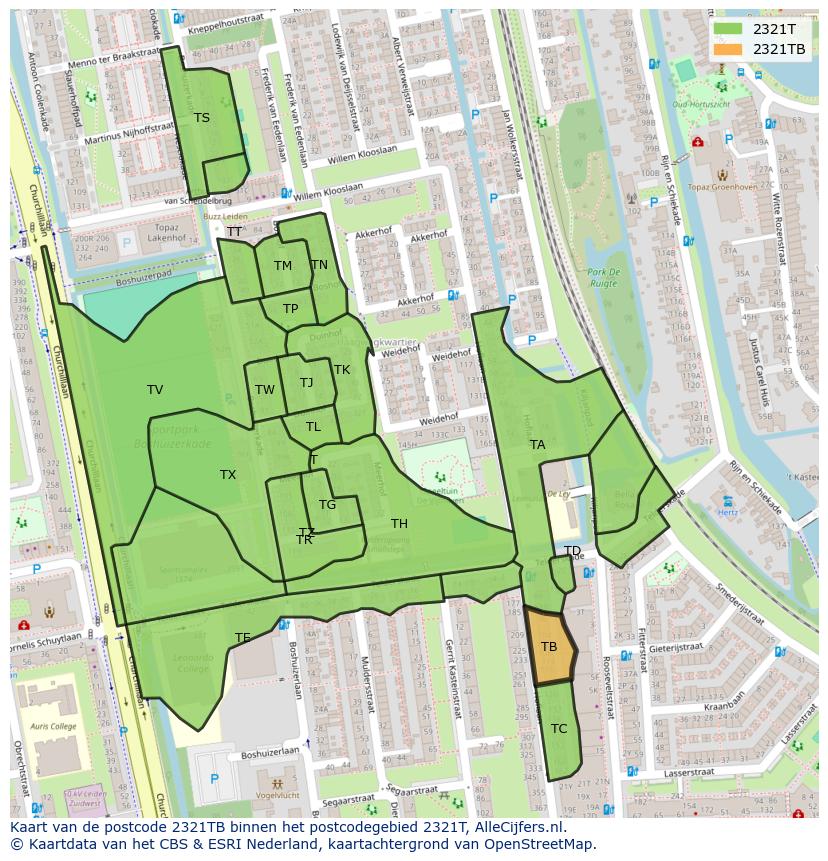 Afbeelding van het postcodegebied 2321 TB op de kaart.