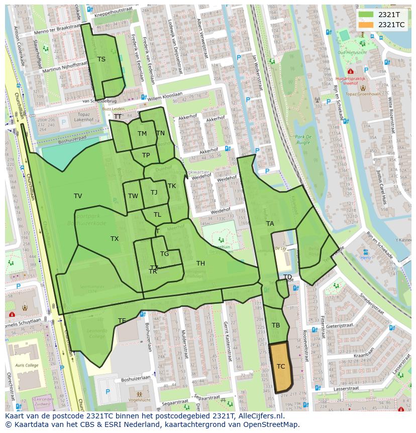 Afbeelding van het postcodegebied 2321 TC op de kaart.