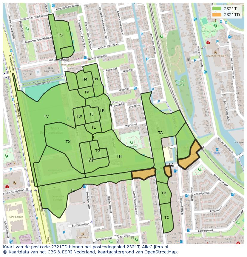Afbeelding van het postcodegebied 2321 TD op de kaart.